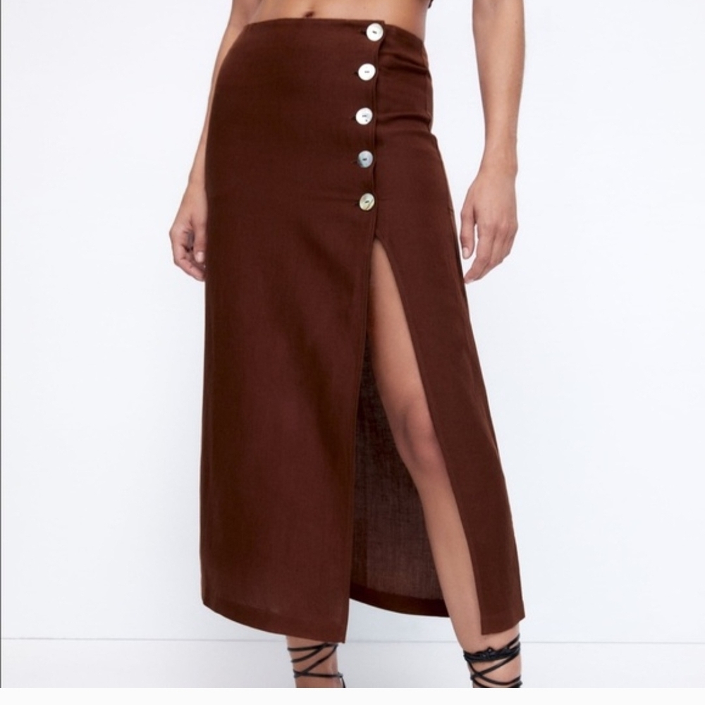 Zara Brown Maxi Skirt with Side Button Slit